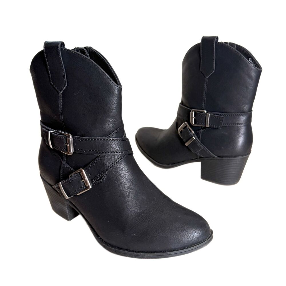 Black Faux Leather Ankle Boots 7 Western Biker Vegan Shoes Straps Global Win